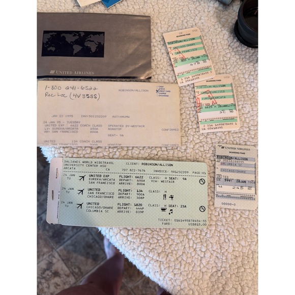 Vintage 1995 United Airlines Boarding Passes & Ticket Receipts Ephemera Set 90s